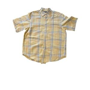 Roundtree & Yorke Mens L Plaid Short Sleeve Button Up Shirt‎ Linen Blend